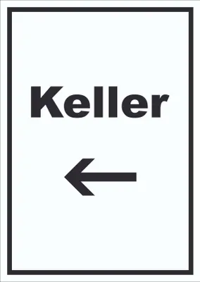 Produktbild von Keller Schild mit Text und Richtungspfeil links hochkant A4 Rückseite selbstklebend