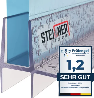 Close-up of a shower seal with a product rating badge.