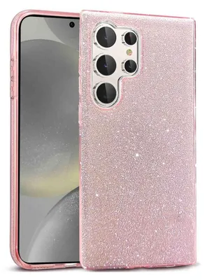 A pink glitter phone case for a Samsung Galaxy S24 Ultra is shown from a diagonal front view.