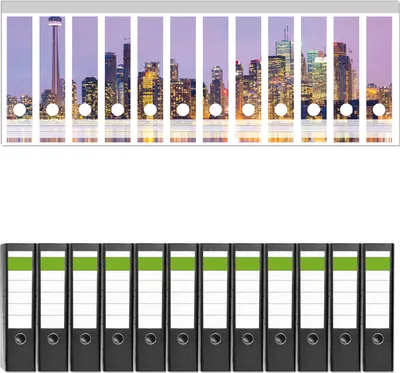 Produktbild von Wallario 12 Stück breite Ordner inkl. Klebeetiketten mit Motive Toronto Skyline - Kanada am Abend -  Set mit Rückenschildern / Ordnerrücken Stickern