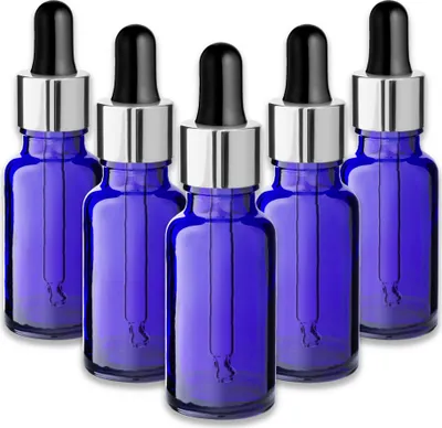 Produktbild von 5x Blaue Glasflasche 20 ml mit silberner Aluminiumpipette Tropfpipette