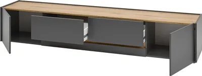 A long, low TV stand with a wood-effect top and gray doors and drawers, shown against a white background.