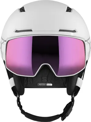 A white ski helmet with a pink visor.