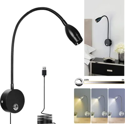 Produktbild von Schwarz LED Leselampe Innen Nachttisch Wandleuchte für Wand Wandlampe Mit Schalter Wandbeleuchtung 3 Farbmodi Touch Dimmbare Nachtlicht für Schlafzimmer Wohnzimmer