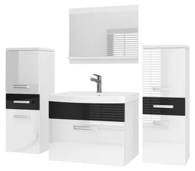 Obrázek produktu pro Sada koupelnového nábytku BELINI P4, 120 cm, bílá/černá, vysoký lesk – Moderní skříňka do koupelny s umyvadlem a zrcadlem, kompletní vybavení, montáž na zeď