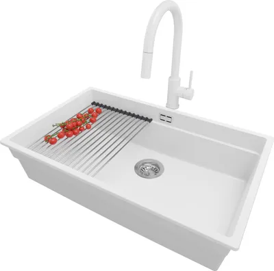 Produktbild von PRIMAGRAN Unterbauspüle Granit Weiß 76x47cm, Spülbecken 1 Becken + Ablauf-Set + Küchenzubehörset, Granitspüle ab 80er Unterschrank - Praga