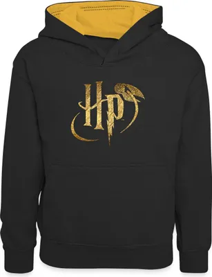 Produktbild von Spreadshirt Harry Potter HP Logo Kinder Kontrast-Hoodie, XS (3/4 years), Schwarz/Gold