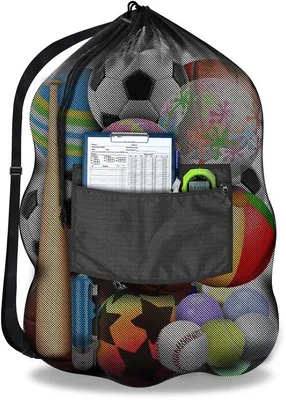 Immagine prodotto di Borsa a rete Unyqoos® realizzata in poliestere 600D con rete in nylon: traspirante, con tracolla regolabile, chiusura frontale con cerniera e spazio per 10-15 palloni