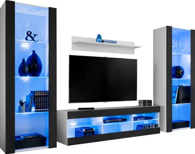 Produktbild von Komodee | Wohnwand Wohnzimmerset Tivoli Grande, Korpus Weiß Matt Frontfarbe Schwarz Matt, LED Blau