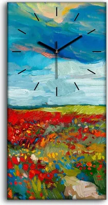 Produktbild von Küchenuhr Bürouhr Leinwand Uhr Geräuschlos Kunstdruck 30x60 Feldmohnblumen - schwarze Hände