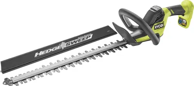 A cordless hedge trimmer with its blade cover next to it, shown against a white background.