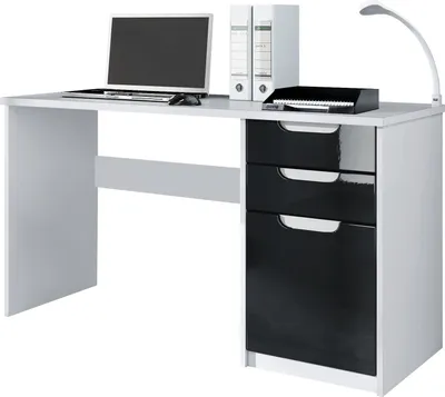 Produktbild von Vladon Schreibtisch Logan,  Germany, Bürotisch mit 2 Schubladen und 1 Tür, Weiß matt/Schwarz Hochglanz (129 x 76 x 60 cm)