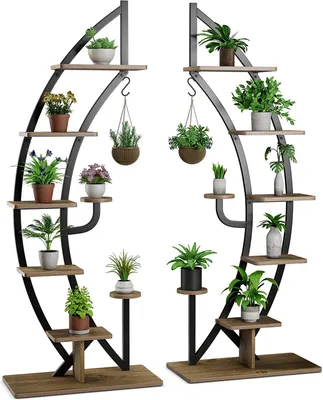 Produktbild von GOPLUS 6-stöckiger Blumenständer Metall-Pflanzenständer, halbmondförmiger Leiter-Pflanzgefäß mit Haken, Blumentopfregal, Ausstellungsregal (2)