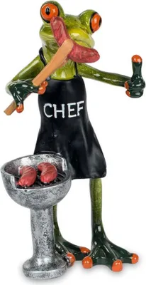 Frosch, der als Koch verkleidet ist und Würstchen auf einem Grill zubereitet. Detailreich gestaltet.