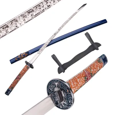 Zdjęcie produktu dla Japońska katana samurajska | Dekoracyjna rzeźba katany – azjatycka dekoracja ścienna i stołowa, przedmiot kolekcjonerski, pomysł na prezent z podstawką, 104 cm | 126 cm