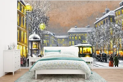 Produktbild von MuchoWow® Fototapete für Wohnzimmer oder Schlafzimmer Wandtapete Vinyl Motivtapete Gemälde - Ölgemälde - Winter - Straßenbahn - Pferd - 400x300 cm - Papiertapeten