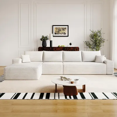 Zdjęcie produktu dla Modułowa, narożna sofa bez podłokietników, 340 cm, kształt litery L, głębokie siedzisko, bez konieczności montażu, sofa kompresowana (biały)