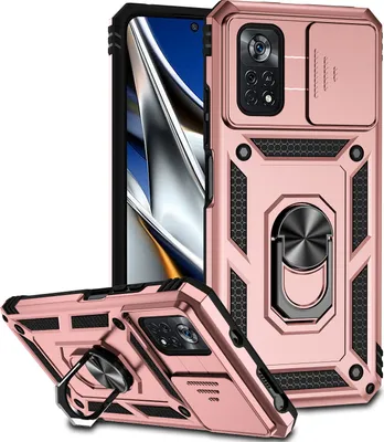 Produktbild von Xiaomi Poco X4 Pro 5G Hülle mit Schiebe Kamera Schutz und Ringhalter Ständer Robust Rüstung Schutzhülle für Xiaomi Poco X4 Pro 5G Rosa