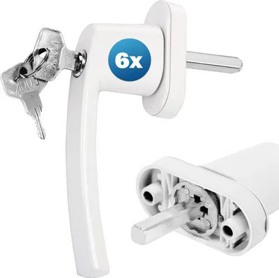 A white window handle with keys and a close-up of the locking mechanism.