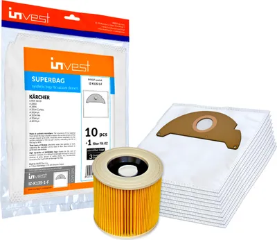 Produktbild von 10 Staubsaugerbeutel + Filter geeignet für Kärcher A 2004, A 2024, A 2054, MV 2