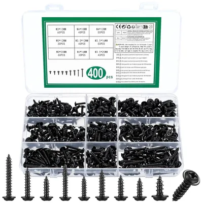 Produktbild von Selbstschneidende Schrauben Set 400 Stück, M3, M3.5, M4, M5, Schwarze Linsenkopf, für Holzarbeiten