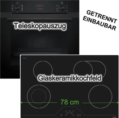 Produktbild von Herdset SIEMENS Backofen Teleskopauszug 3D Heissluft Hydrolyse EcoClean + Glaskeramikkochfeld Schwarz rahmenlos autark h|tech