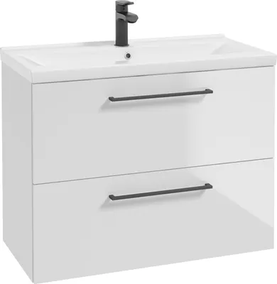 Produktbild von Waschtisch, 40 cm tief, in weiß Hochglanz lackiert mit Metallgriff in schwarz, 2 Schubladen und Keramikwaschbecken MESSINA-107, B/H/T ca. 81/65/40 cm