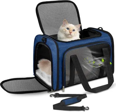 Produktbild von Transporttas für Katzen und Hunde – Faltbarer, tragbarer Hundetransportkorb – Leicht und platzsparend – Dunkelblau – Geeignet