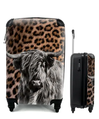 Produktbild von MuchoWow® Koffer Handgepäck Trolley Rollkoffer Kleine Reisekoffer mit 4 Rollen - Schottischer Highlander - Schwarz - Weiß - Panther - Cabin Size < 55x40x23 cm & 55x40x20 cm - Fotokoffer - Kabinenkoffer - Boardgepäck - Reise-Box - Reisekoffer - Reisegepäck - Koffer mit Bild - Trolley für Kinder