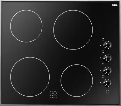 A top-down view of a black glass ceramic hob with four cooking zones and control knobs on the right side.