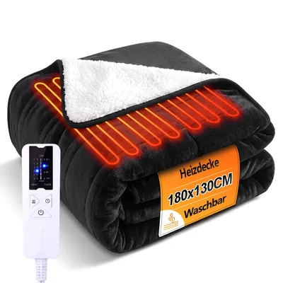 Productafbeelding van ZMH Elektrische deken, 180x130 cm, zwart. Knusse elektrische deken met timer, 6 temperatuurinstellingen. Verwarming voor bed of bank, flanellen deken