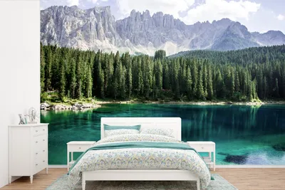 Produktbild von MuchoWow® Fototapete für Wohnzimmer oder Schlafzimmer Wandtapete Vinyl Motivtapete Berge - Bäume - Wasser - 450x300 cm - Gemusterte