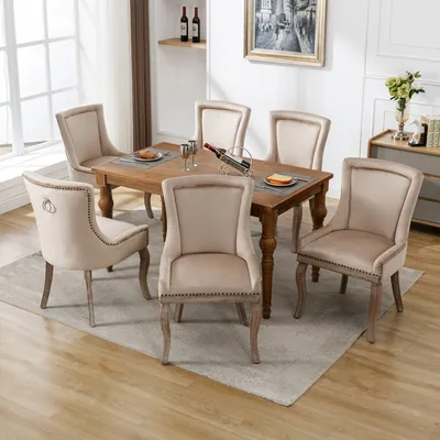 Immagine prodotto di okwish, 6 sedie da pranzo  sedie da cucina, poltrona per il soggiorno, poltrona poggiapiedi, sedia multifunzionale con decorazione a chiodini, gambe in legno massello, rivestimento in velluto, colore beige