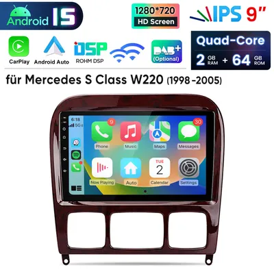 Productafbeelding van Voor Mercedes-Benz S/CL-klasse W220 W215: Autoradio met Android 15, 2+64GB geheugen, Carplay, GPS-navigatie, Wi-Fi, Bluetooth, DAB+, stuurwielbediening (SWC) en USB-aansluiting met DSP