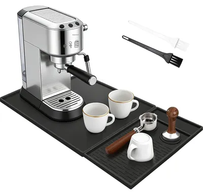 Image de Tapis d'égouttage 2-en-1 pour machines à café avec bac d'égouttage séparé et deux brosses de nettoyage, antidérapant et résistant à la chaleur – Noir – 51 x 40,5 x 1,1 cm