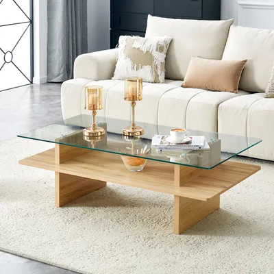 Produktbild von MODFU Couchtisch mit Zweistöckiger,Wohnzimmertisch mit Glasoberfläche,Sofatisch mit Unterfach,Holzfarben