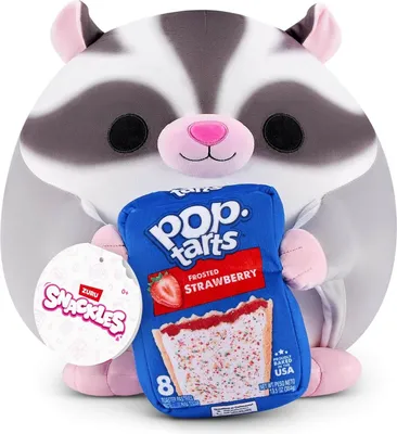 A plush toy raccoon holding a Pop-Tarts package.