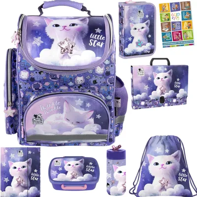 Produktbild von Schulranzen für Mädchen, 8er-Set - Schul-Rucksack für Kinder mit Federmäppchen - Schuhbeutel Trinkflasche und Brotdose - Katze Motiv