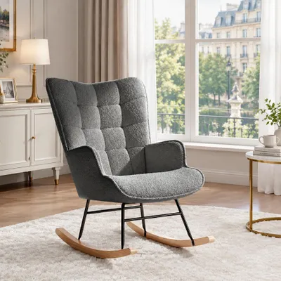 Produktbild von INONEFT Schaukelstuhl, Loungesessel mit karierter Rückenlehne und Armlehnen, Wohnzimmersessel mit Gepolsterter Rückenlehne, Teddy-Fleece, Dunkelgrau