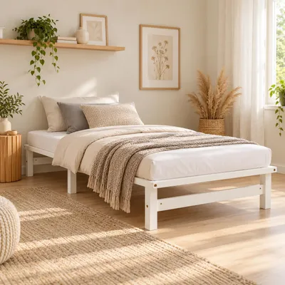 Produktbild von Homestyle4u Holzbett 90x200 mit Lattenrost Weiß Massivholz Kiefer Palettenbett Einzelbett Jugendbett