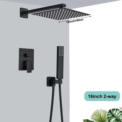 Produktbild von Mattschwarzes Regendusche Set - Unterputz Duschsystem 2-Wege - 40 cm Kopfbrause - Badewannenmischer - Wandmontage - Einhebel - Mattschwarz