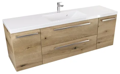 Produktbild von ATHD Wandhängender Waschtischunterschrank 140 cm D - Evoke Matt Eiche - Griffe aus gebürstetem Edelstahl