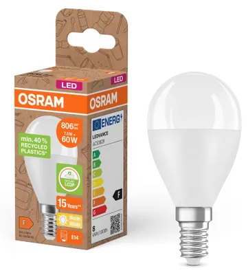 Immagine prodotto di 6 LED a goccia Osram da 7,5 W = 60 W, attacco E14, finitura opaca, 806 lm, bianco caldo 2700 K, plastica riciclata