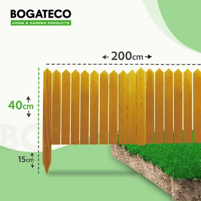 Produktbild von BOGATECO Rollborder Holzlatten | 40cm Hoch & 200cm lang | Holz-Zaun | Staketenzaun Perfekt als Beet-Umrandung | Braun