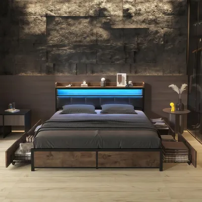 Produktbild von SUNFECILI Polsterbett 180x200 cm,Bett mit Schubladen,mit Lattenrost,Weicher Rückenlehne und Kopfteil,LED,Doppelbett,Jugendbett,PU,Schwarz