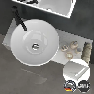 Produktbild von Alpenberger Waschbecken Klein Gäste WC Set | Waschtisch mit Aufsatzwaschbecken Rund | Waschschüssel auf Keramikplatte und Edelstahlkasten | Handwaschbecken | Waschplätze mit Handtuchhalter