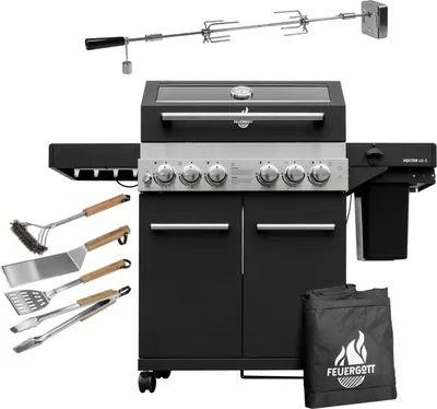 Produktbild von Feuergott Gas-Grillstation Hektor 4B-S All Inclusive mit Abdeckhaube, Drehspieß und 4-teiligem Grillbesteck