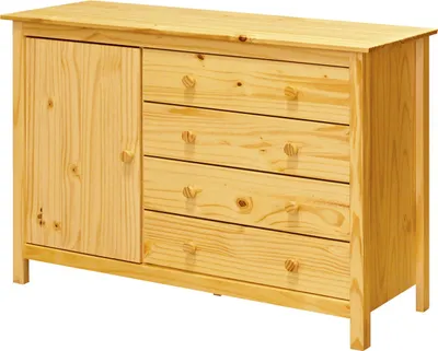 Produktbild von Möbilia Kommode | 1 Tür, 4 Schubladen | Kiefer-Holz, natur lackiert | B 120 x T 40 x H 80 cm | 19020041 | Serie KOMMODE