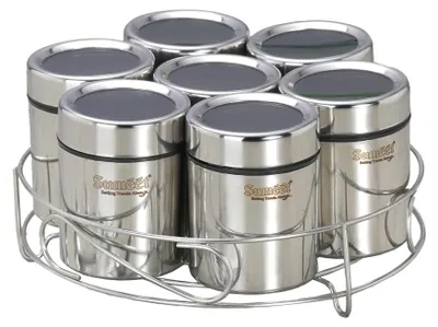 Gewürzhalter 7-in-1 Edelstahl, 7 Behälter + Löffel, Standfuß