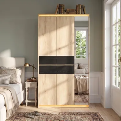 Obrázek produktu pro Šatní skříň 90x47x200 cm, se zrcadlem, LED osvětlením, 2 tyčemi na oblečení a 4 zásuvkami (dřevo), Obrázek vytvořený pomocí AI